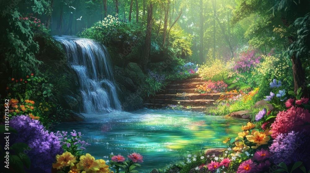 Serene waterfall cascading into a vibrant flower-filled pond in a lush forest. Serene waterfall cascading into a vibrant flower-filled pond in a lush forest.