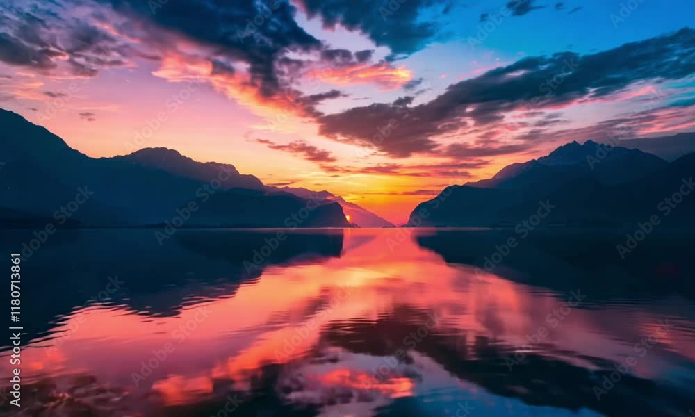 Majestic Sunset Over Mountain Lake with Colorful Sky Reflections on Calm Water Surface Majestic Sunset Over Mountain Lake with Colorful Sky Reflections on Calm Water Surface