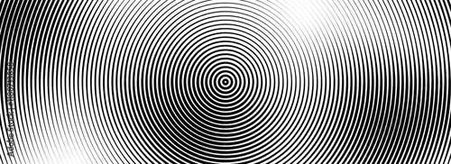 Black concentric circle background. Radial geometric pattern wallpaper. Linear epicenter, radar or target concept. Round rippled ring backdrop for brochure, banner, poster, overlay. Vector texture