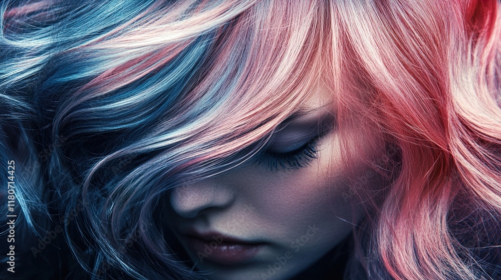 Close-up view of a woman with stunning blue and pink hair Close-up view of a woman with stunning blue and pink hair