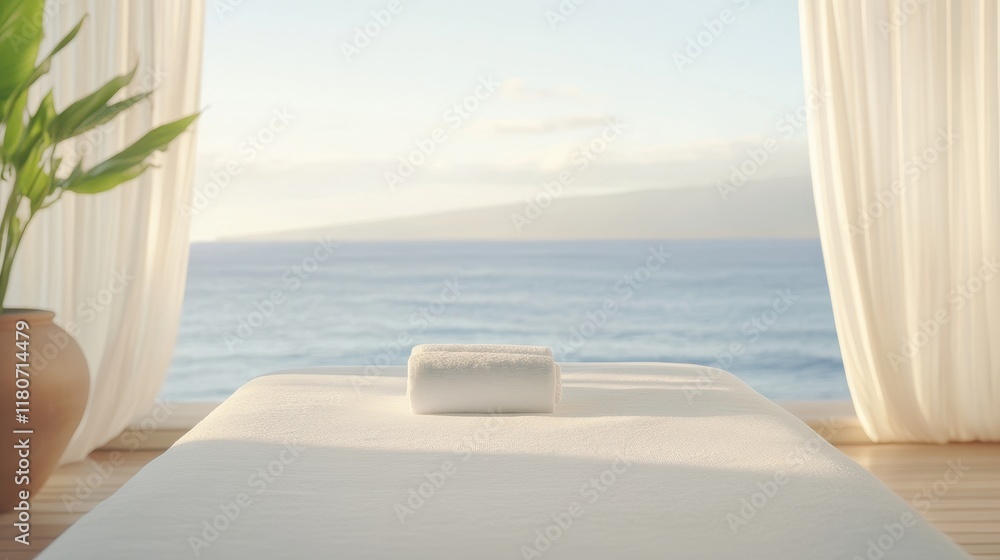 A white towel is on a massage table by a window overlooking the ocean A white towel is on a massage table by a window overlooking the ocean
