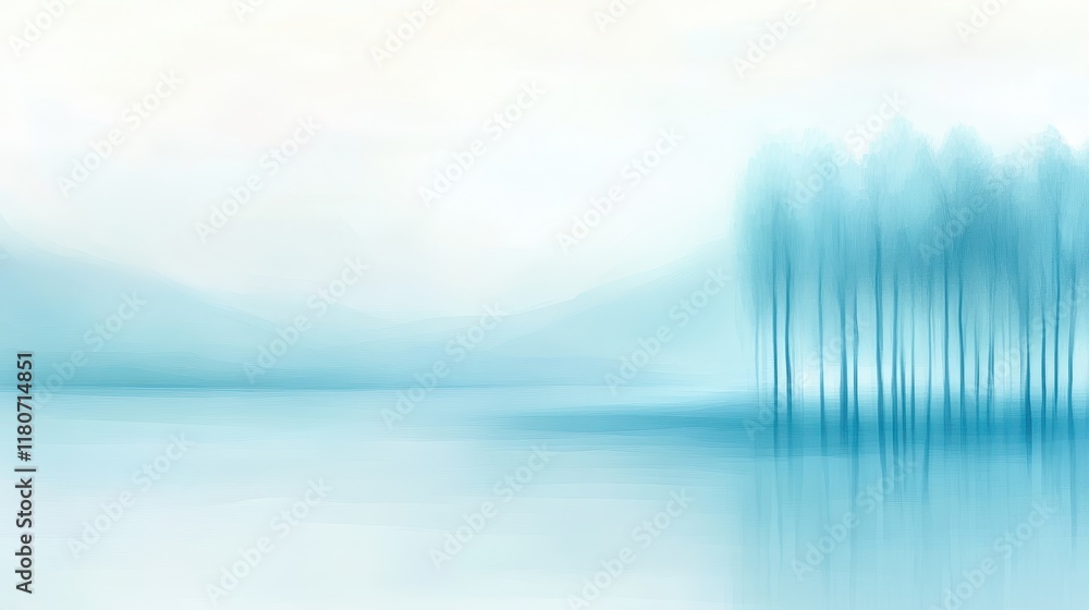 Fototapeta premium A blue and white landscape with a body of water and trees