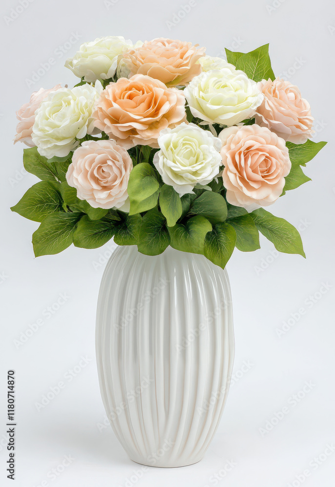 Obraz premium white ceramic vase with fluted texture holds beautiful arrangement of artificial roses soft peach and white colors, complemented by lush green leaves. This elegant floral display adds touch of