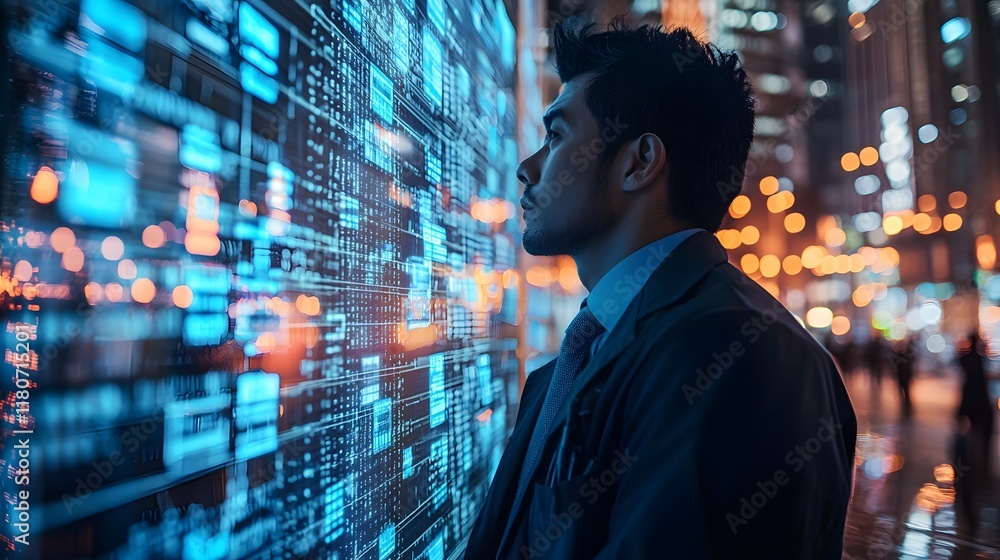 Digital finance professional or trader merged with real time market data and reflections of a modern city skyline at night showcasing the intersection of technology finance and the urban environment Digital finance professional or trader merged with real time market data and reflections of a modern city skyline at night showcasing the intersection of technology finance and the urban environment