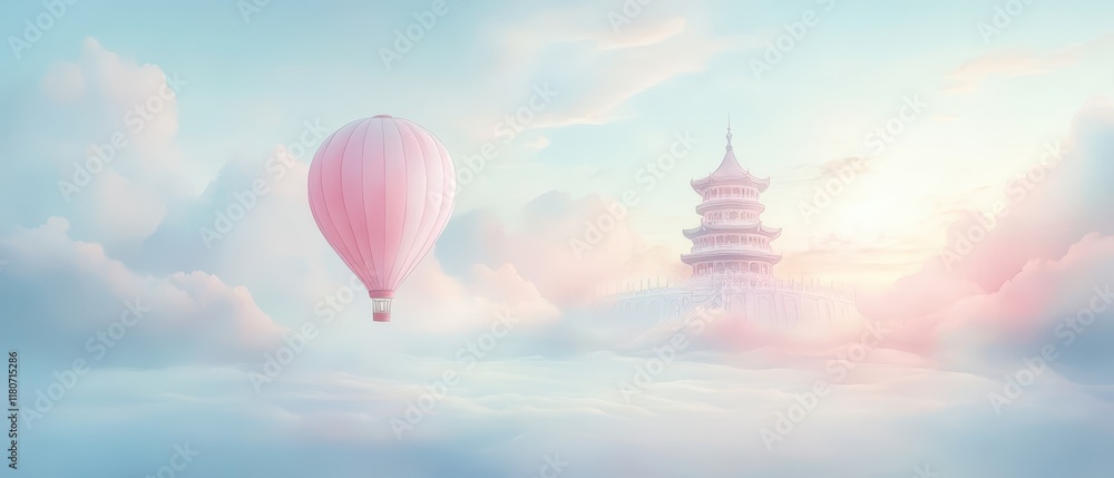 Fototapeta premium A pink hot air balloon is flying in the sky above a large building