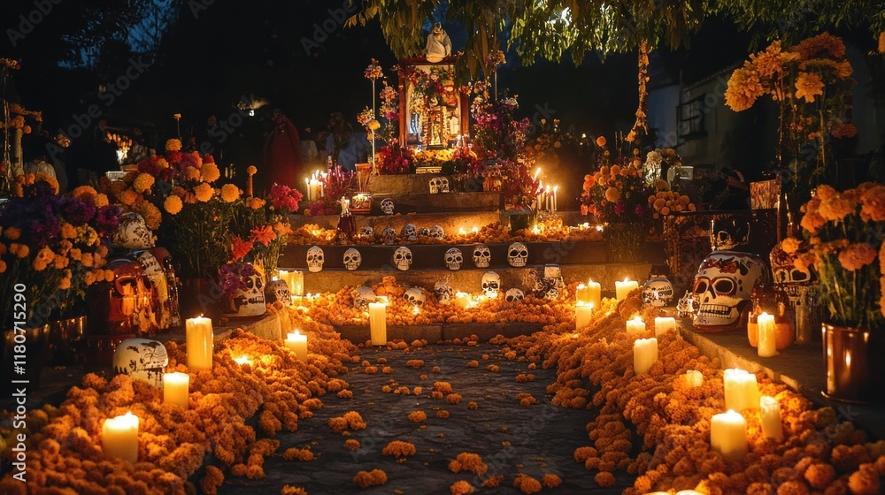 Obraz premium Day of the Dead altar with candles, skulls, and marigolds.