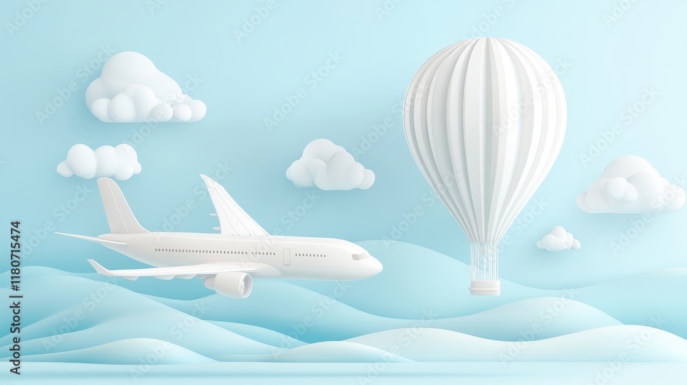 A white airplane is flying through the sky above a large white hot air balloon A white airplane is flying through the sky above a large white hot air balloon