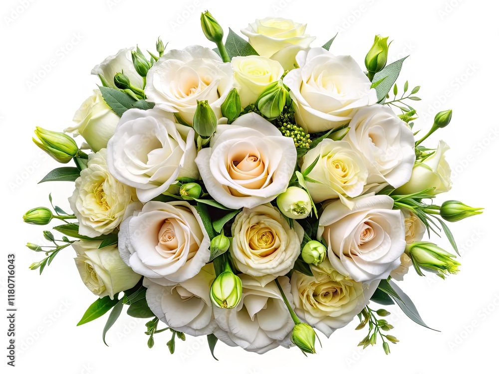 Overhead shot: elegant white roses and eustoma create a stunning floral arrangement. Overhead shot: elegant white roses and eustoma create a stunning floral arrangement.