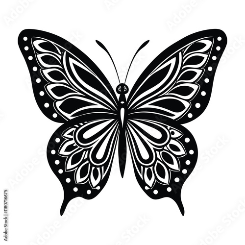 

A detailed butterfly in Zentangle style, featuring intricate patterns, swirls, and geometric shapes on its wings, blending symmetry with artistic flair in black and white.