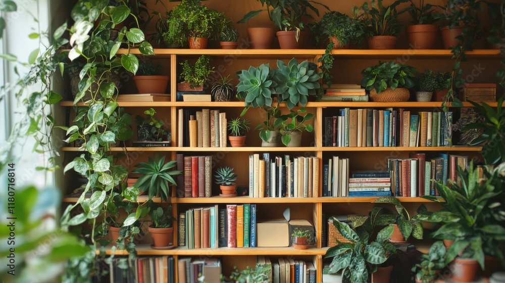 A cozy, zoomed-in view of numerous shelves filled with books and succulents, set in a warm, bright interior. A cozy, zoomed-in view of numerous shelves filled with books and succulents, set in a warm, bright interior.