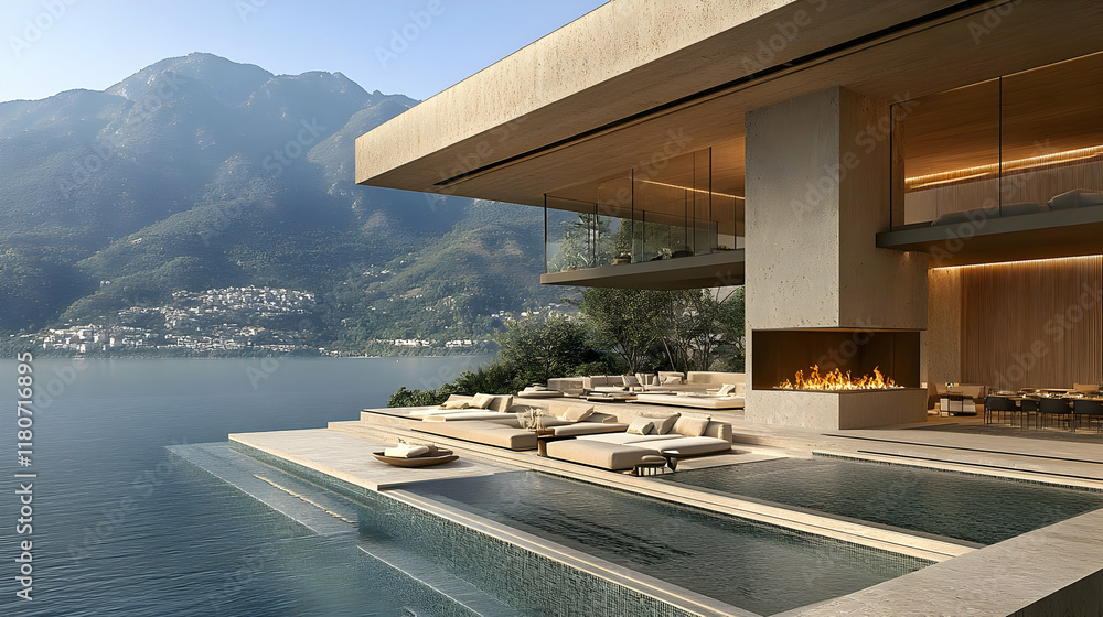 Fototapeta premium Modern Mountainside Villa 3D Illustration: Infinity Pool and Stunning Views