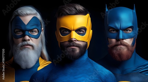 Three bearded men in superhero costumes. photo