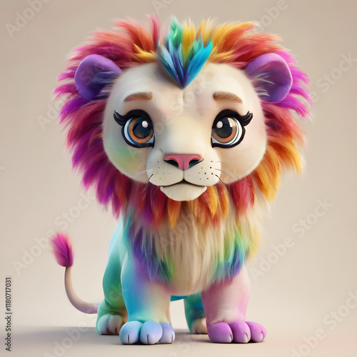 A colorful 3D lion with a multicolored mane standing proudly on a plain beige background, highly detailed fur.