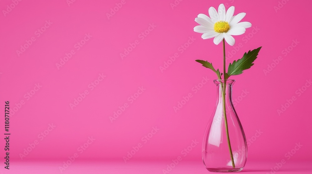 White Daisy Flower in Clear Glass Vase on Bright Pink Background White Daisy Flower in Clear Glass Vase on Bright Pink Background