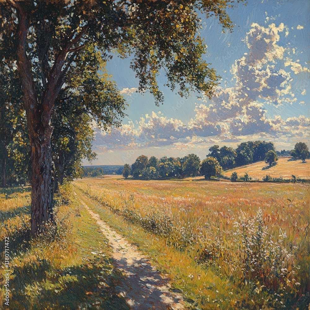 Naklejka premium Sunny path through field, trees, and clouds.