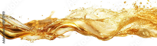  Golden liquid splash in mid-air, featuring flowing yellow juice or oil with realistic 3D rendering