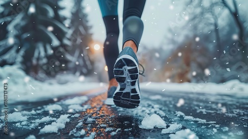 Close-up of a runner's foot in winter snow, embodying determination and resilience.