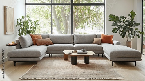 Modern sectional sofa in living room, large windows, plants. Home decor, furniture catalog photo