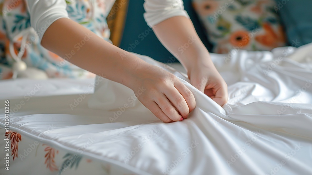 Close-up of a woman smoothing out a white blanket on a bed. Close-up of a woman smoothing out a white blanket on a bed.