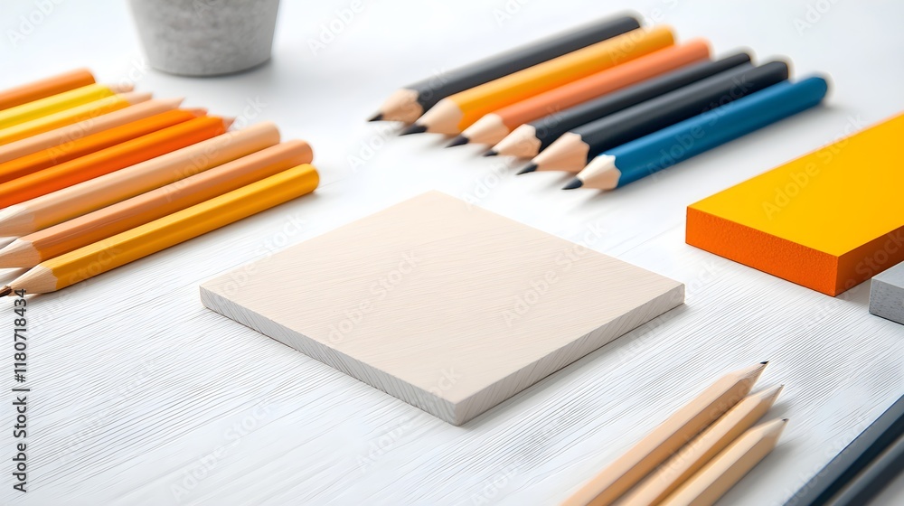 Obraz premium A high-angle, close-up view of various colored pencils, a square note pad, and a sticky note, all arranged on a light-colored, textured wooden surface.