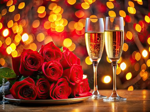 Romantic Valentine's dinner: AI-generated photo of red roses and champagne, perfect for a loving couple.