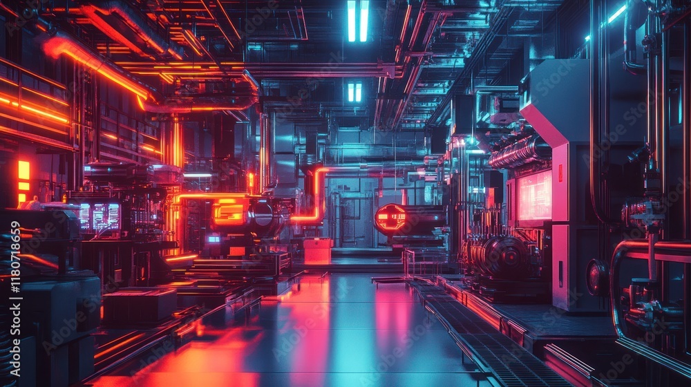 Futuristic factory interior with neon lighting, complex machinery, and reflective floors. Futuristic factory interior with neon lighting, complex machinery, and reflective floors.