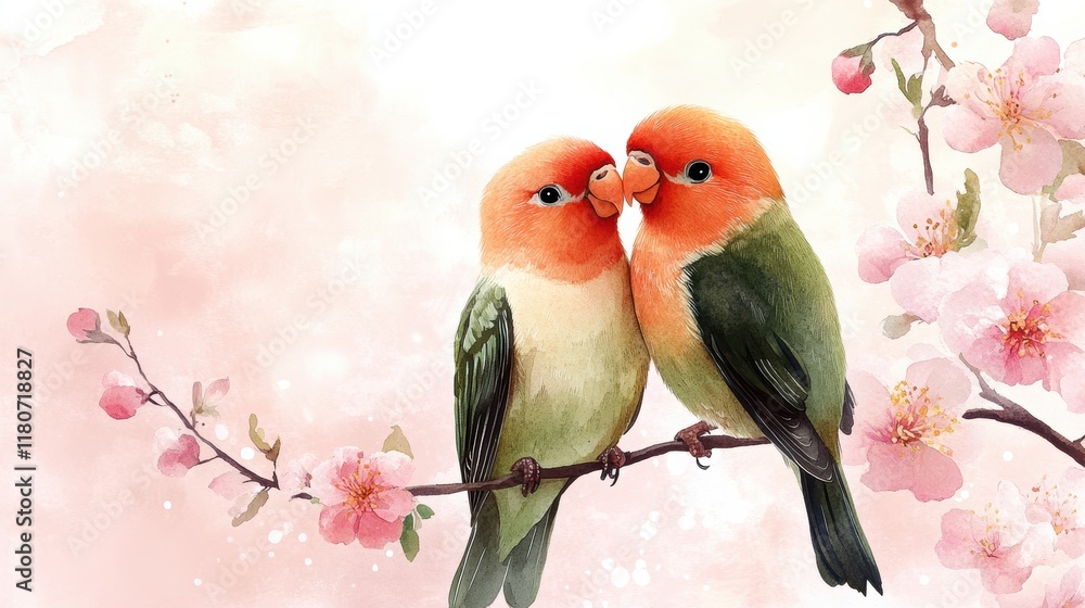 Two Watercolor Lovebirds Perched Together on a Branch with Flowers Two Watercolor Lovebirds Perched Together on a Branch with Flowers