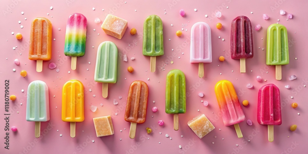 Summertime Frozen Treats Delight A Colorful Array of Popsicles and Candies on a Pink Background Summertime Frozen Treats Delight A Colorful Array of Popsicles and Candies on a Pink Background