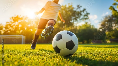 Young child s foot kicking a soccer ball on a lush green grassy field under a bright sunny sky in an outdoor recreational setting showcasing an active sports lifestyle and athletic activity
