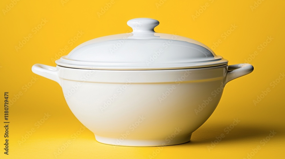 Elegant White Serving Dish with Lid on Bright Yellow Background Elegant White Serving Dish with Lid on Bright Yellow Background