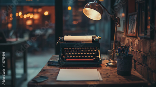 Vintage Typewriter on Wooden Desk with Lamp Rustic Office Setting Writer s Workspace photo