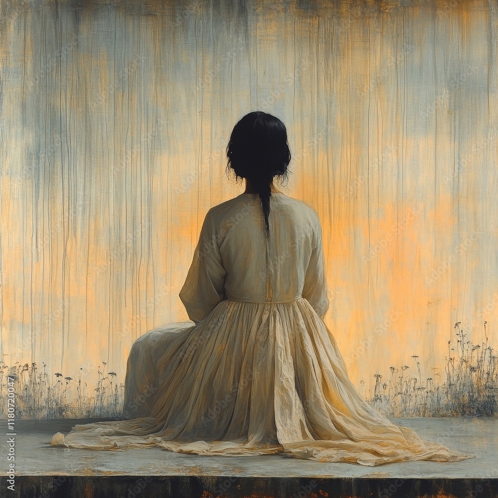 Woman seated, back view, pale dress, textured background. Woman seated, back view, pale dress, textured background.