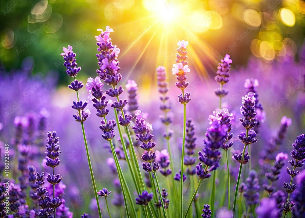 Obraz premium Soft-focus lavender bokeh photography captures blooming purple flowers in a vibrant outdoor garden.