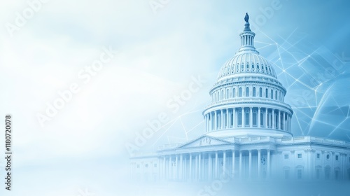 A blue background with the United States Capitol building in the foreground