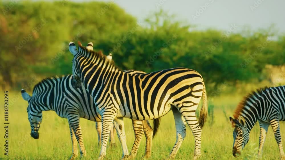 Slow Motion of Africa Wildlife, Zebra Herd Grazing Savannah, Animals on African Safari in Masai Mara in Kenya at Maasai Mara, Beautiful Golden Hour Sunset Sun Light. Slow Motion of Africa Wildlife, Zebra Herd Grazing Savannah, Animals on African Safari in Masai Mara in Kenya at Maasai Mara, Beautiful Golden Hour Sunset Sun Light.