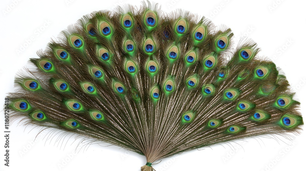 Fototapeta premium A vibrant display of peacock feathers arranged in a fan shape, showcasing their beauty.