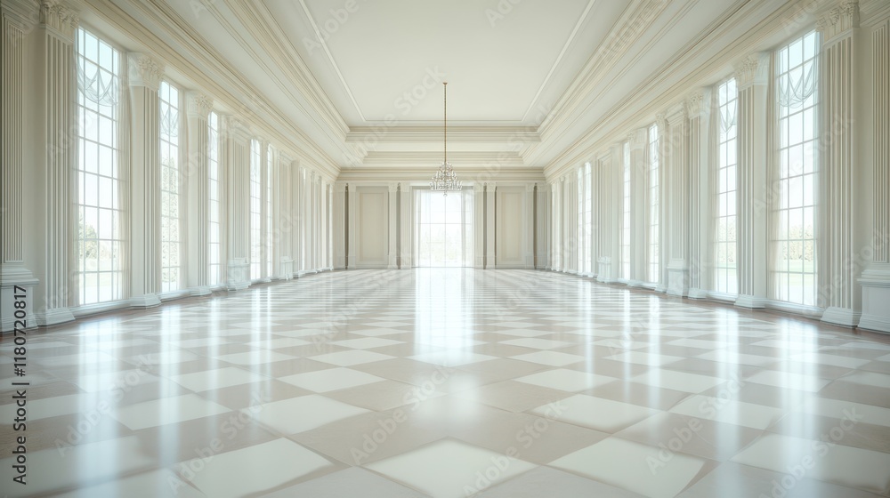 A large, empty room with white walls and a white chandelier A large, empty room with white walls and a white chandelier