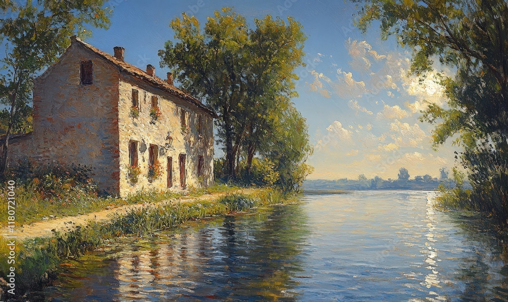 Fototapeta premium Stone house, riverside, trees, sunny day, tranquil scene.
