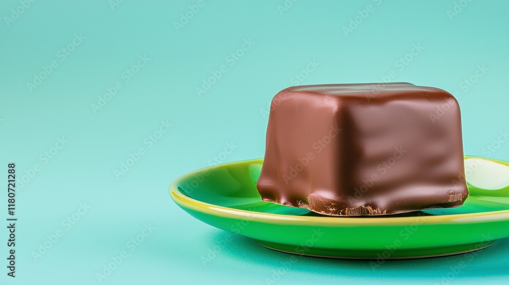 Chocolate Dessert on Green Plate with Teal Background for Sweet Treat Concept Chocolate Dessert on Green Plate with Teal Background for Sweet Treat Concept