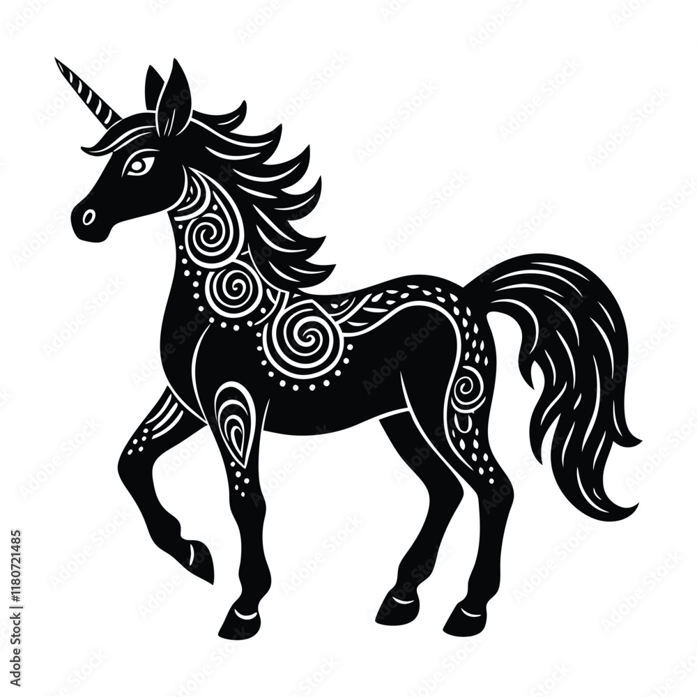 Obraz premiumA majestic unicorn in zentangle style, adorned with intricate, flowing patterns of swirls, geometric shapes, and floral motifs, creating a mesmerizing, artistic design.