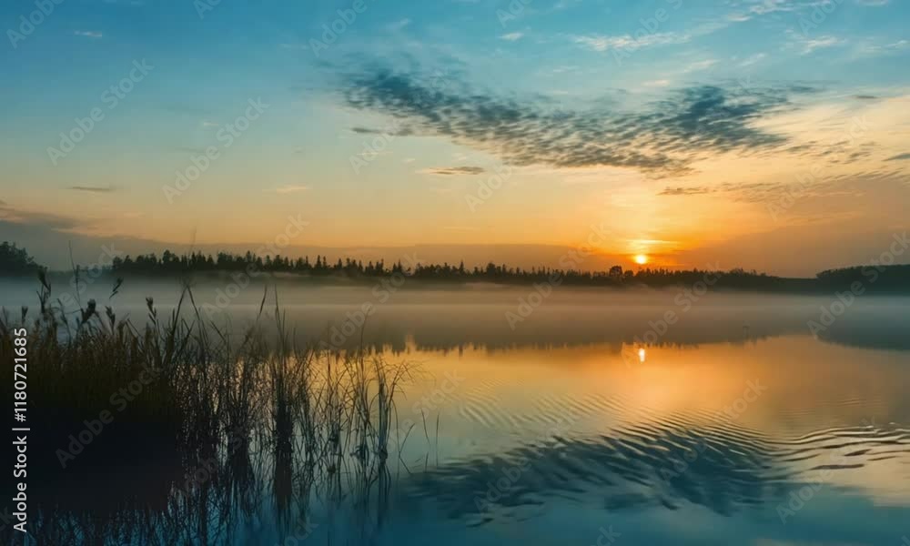 Serene Lake Sunrise with Misty Reflections and Colorful Sky Creating Calm Atmospheric Beauty Serene Lake Sunrise with Misty Reflections and Colorful Sky Creating Calm Atmospheric Beauty