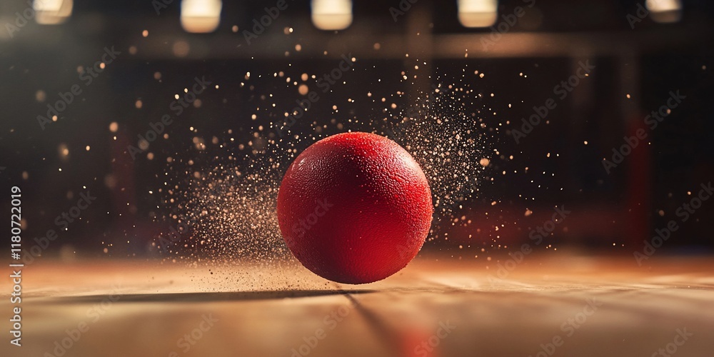 Fototapeta premium Red ball rolling on wooden floor with dust trail.