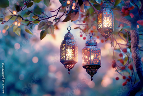 A beautiful outdoor evening scene of Intricate lanterns hang from a tree branch photo