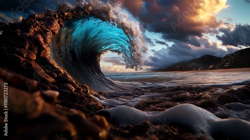 Majestic Ocean Wave at Sunset: A Breathtaking Coastal Scene