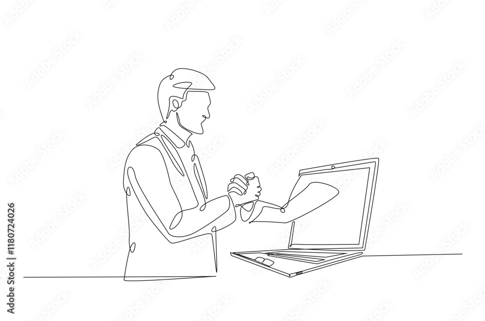 Businessmen handshaking with notebook in continuous one line drawing. Simple line art illustration of online business agreement concept. Editable vector. Businessmen handshaking with notebook in continuous one line drawing. Simple line art illustration of online business agreement concept. Editable vector.