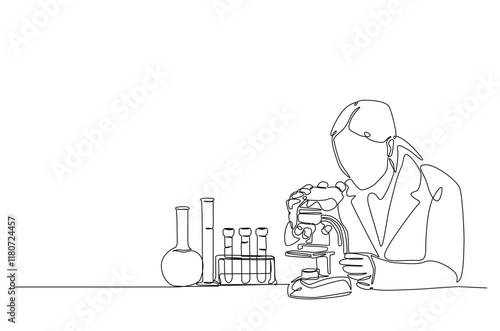 Female scientist working using microscope in continuous one line drawing. Single line art illustration of scientist and laboratory equipment Set. Editable vector.