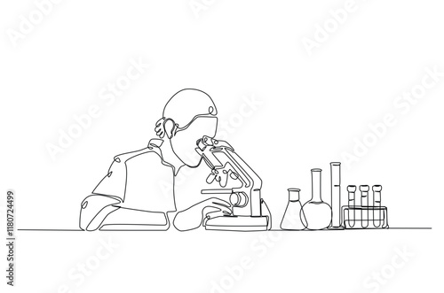 Female scientist working using microscope in continuous one line drawing. Single line art illustration of scientist and laboratory equipment Set. Editable vector.
