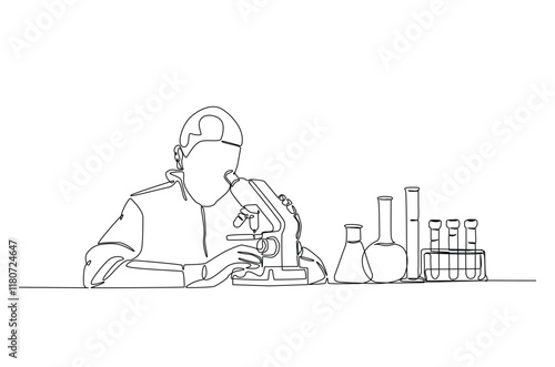 Female scientist working using microscope in continuous one line drawing. Single line art illustration of scientist and laboratory equipment Set. Editable vector.