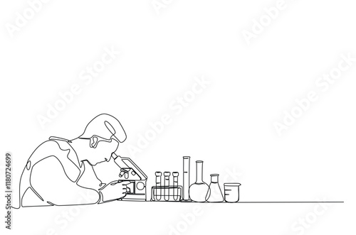 Female scientist working using microscope in continuous one line drawing. Single line art illustration of scientist and laboratory equipment Set. Editable vector.