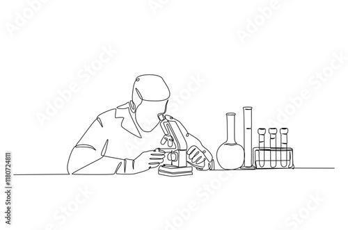 Female scientist working using microscope in continuous one line drawing. Single line art illustration of scientist and laboratory equipment Set. Editable vector.